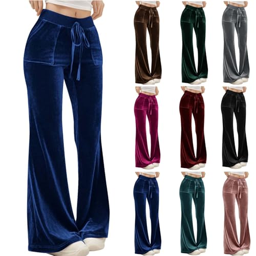 Womens Velvet Pants Low Rise Flare Pants Velour Bell Bottoms